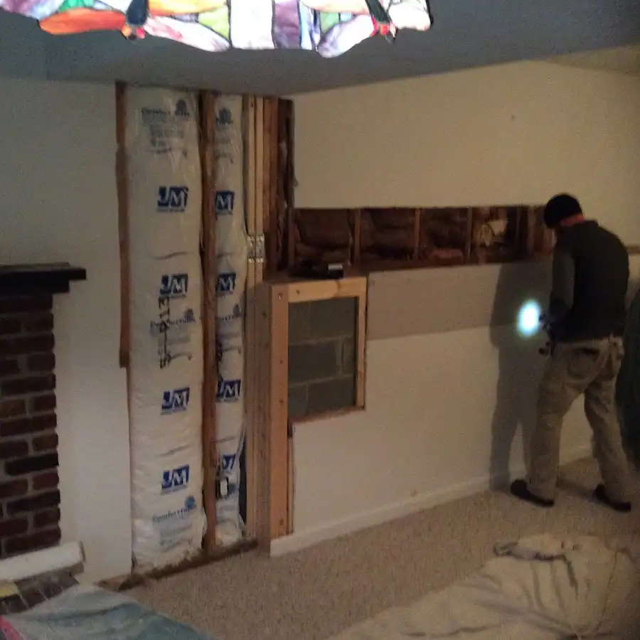 Restoration technician inspecting water damage in Thomson